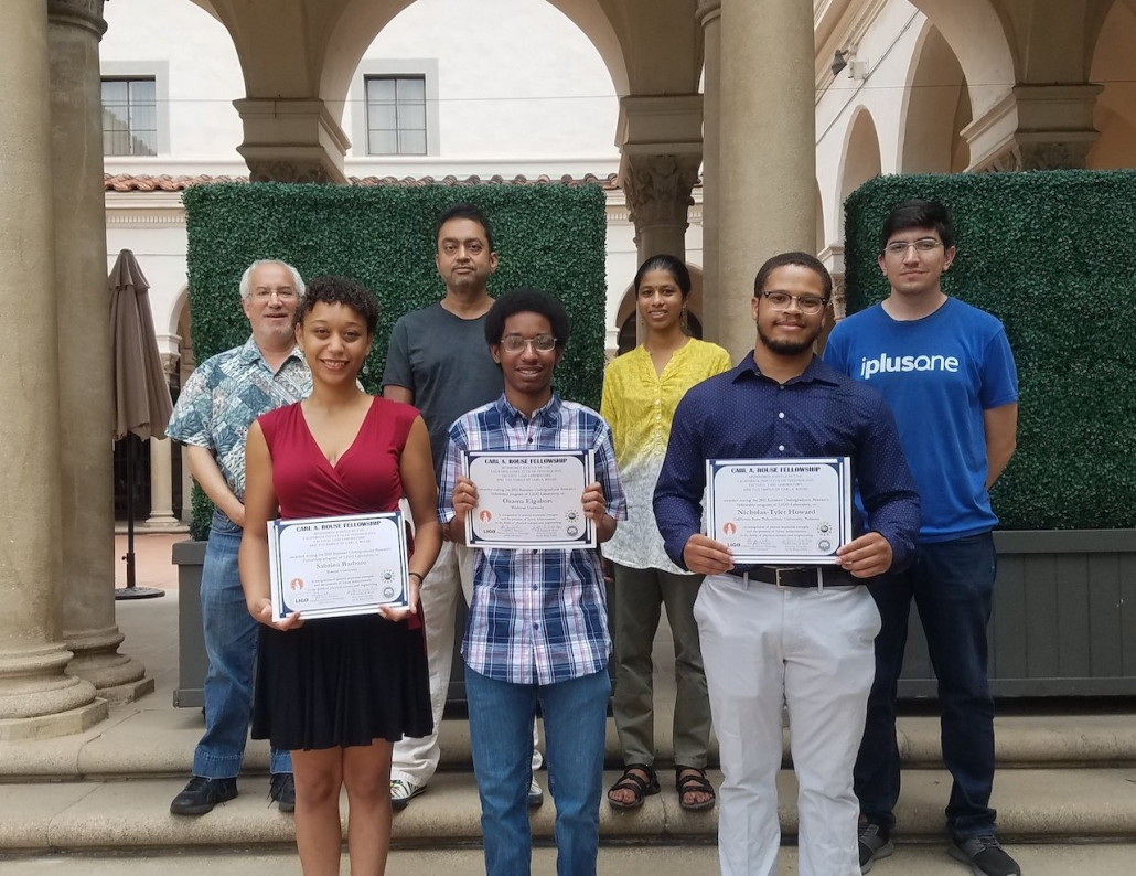 Sabrina Barbaro (2021 Rouse Fellow, Boston U), Osama Elgabori (2021 Rouse Fellow, Wesleyan U), Nicholas-Tyler Howard (2021 Rouse Fellow, Cal Poly Pomona). Back row: Alan Weinstein, Rana Adhikari, Shreya Anand, Paco Salces (LIGO Caltech)