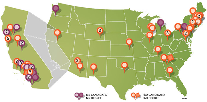 Map of where Cal-Bridge scholars are enrolled in graduate school.